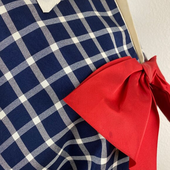 Vintage 60s Two-Piece Dress Straight Skirt Drop Waist Top Medium Blue Check Bow - Picture 9 of 11